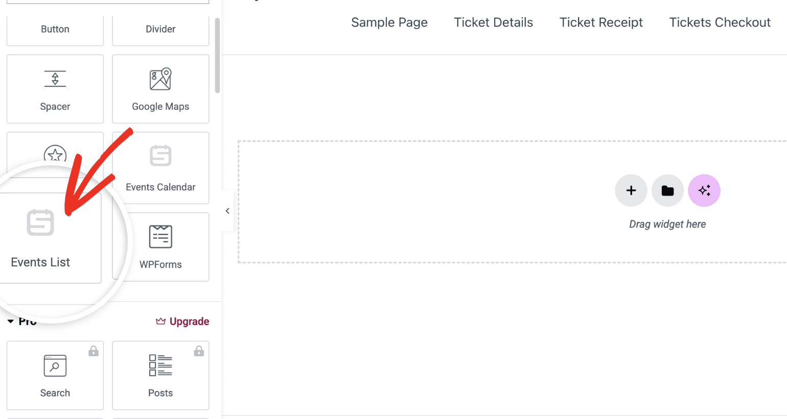 Events list widget in Elementor