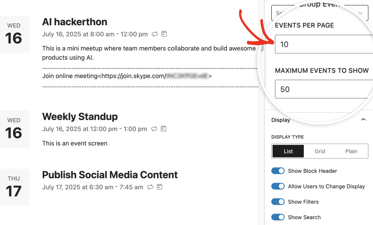 Events per page