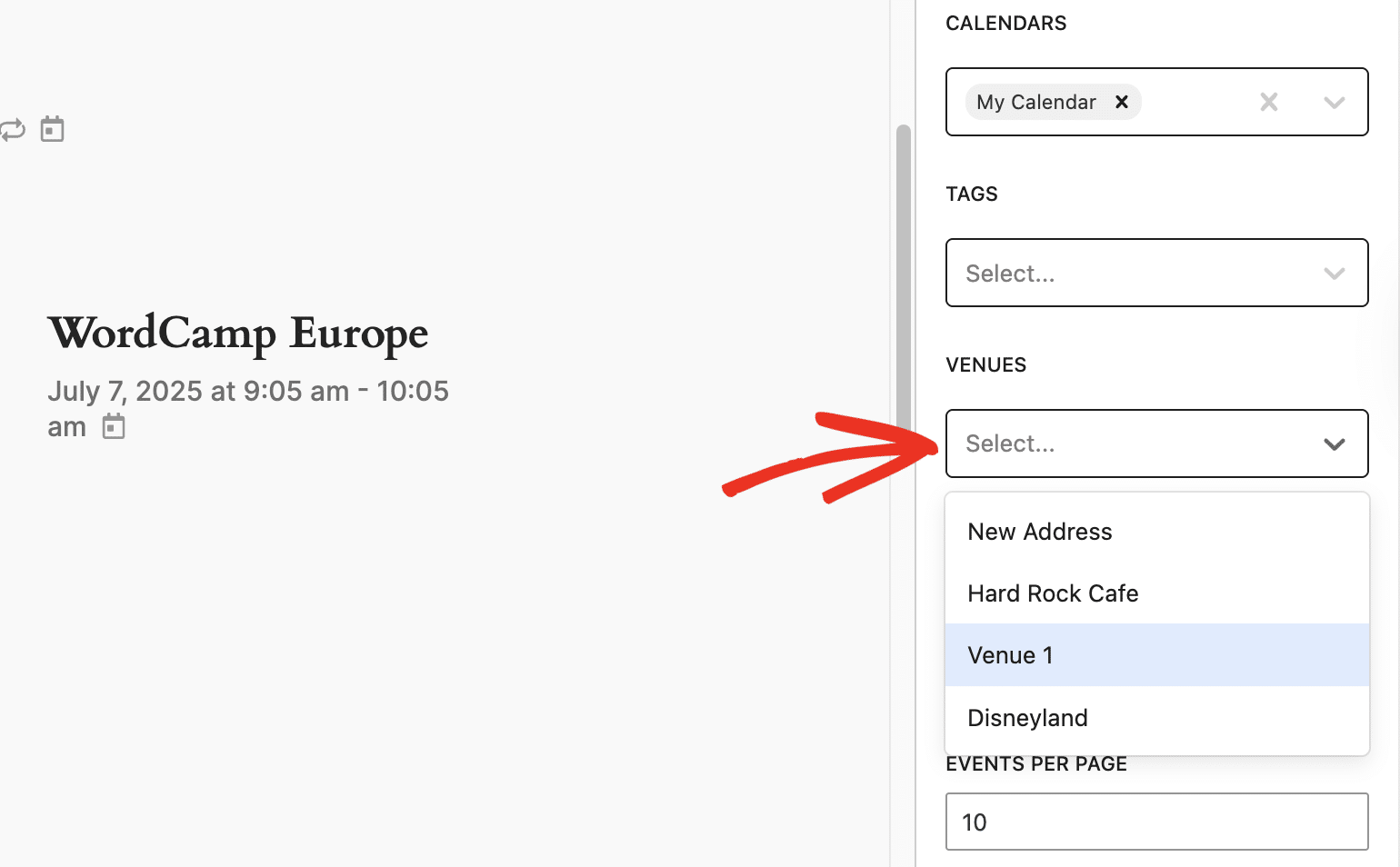 Filter events by venues