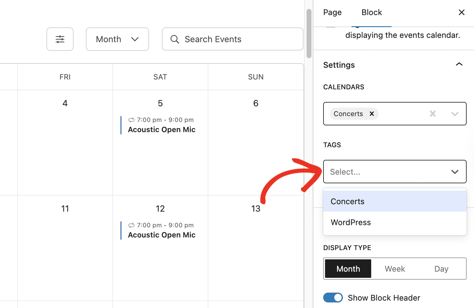 Filter calendar by tags