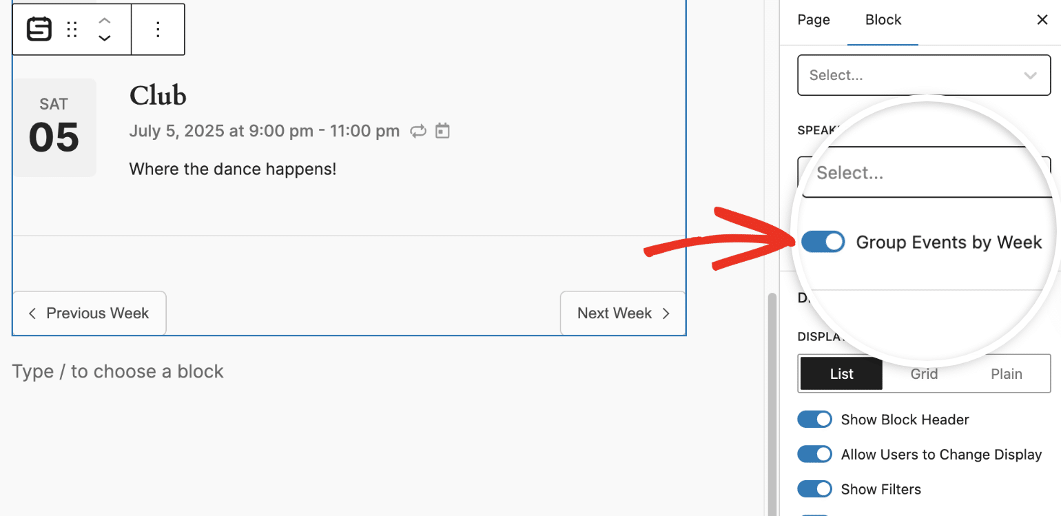 Group events by week enabled