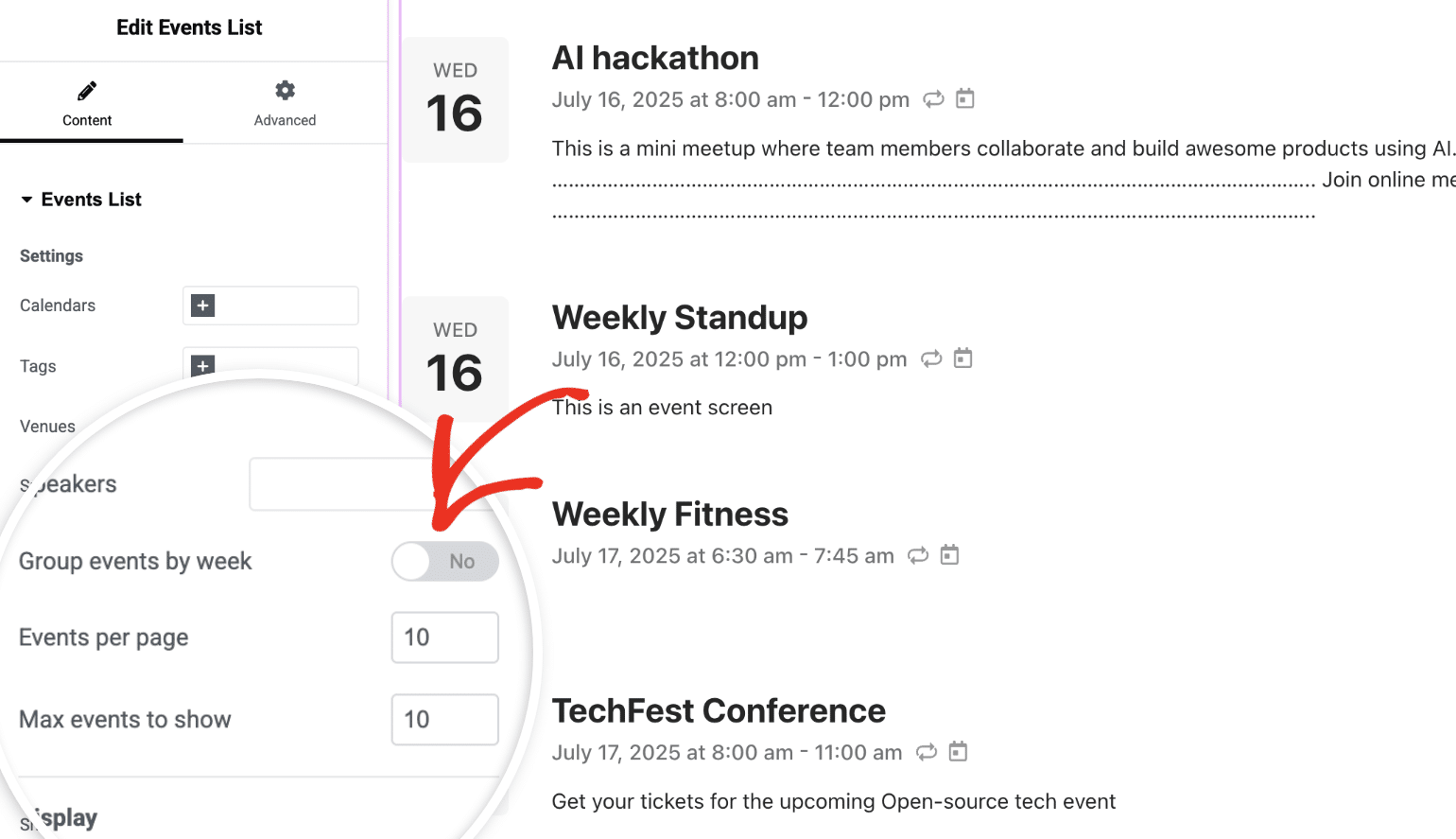 Disable Group events by week in elementor
