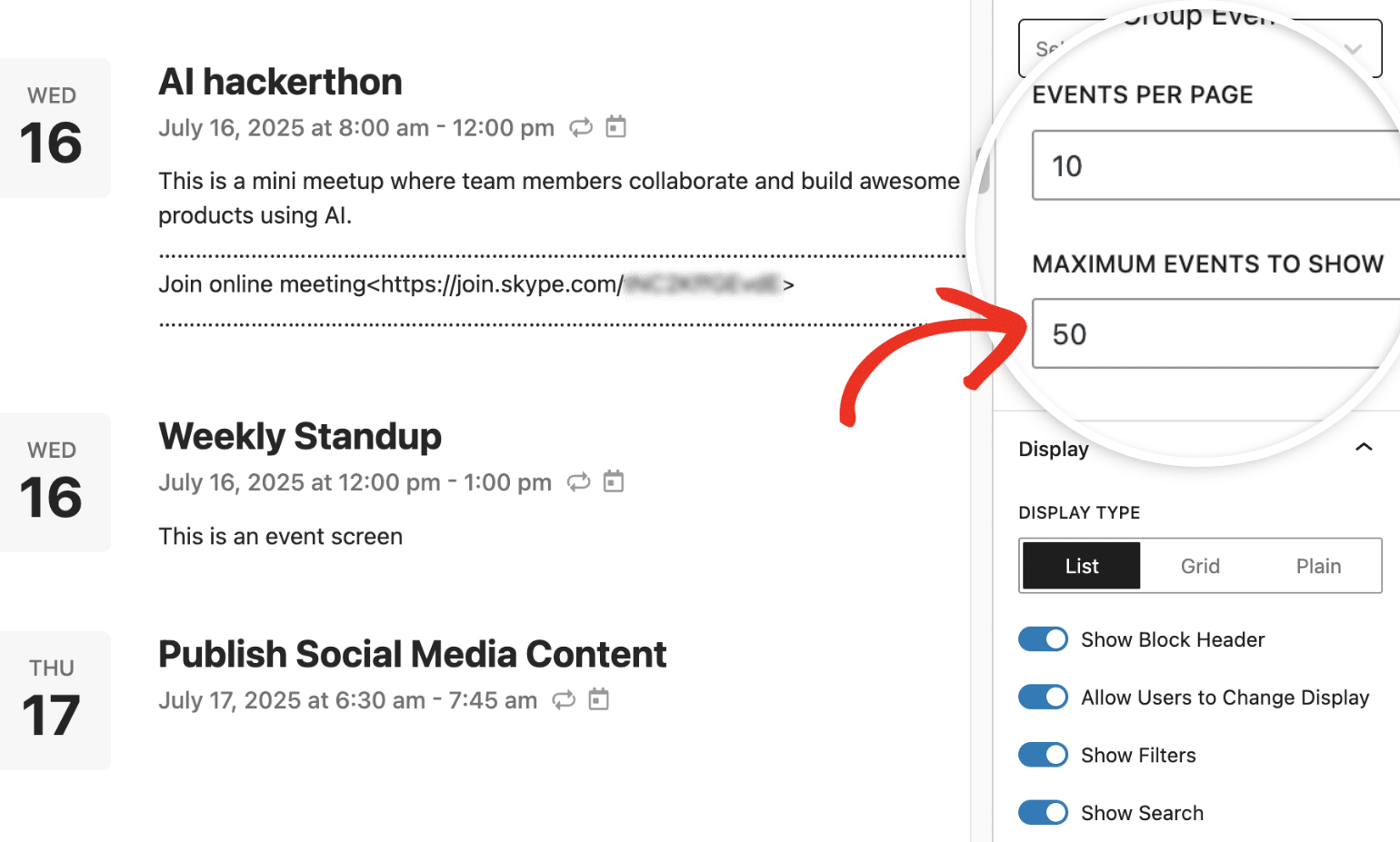 Maximum events to show