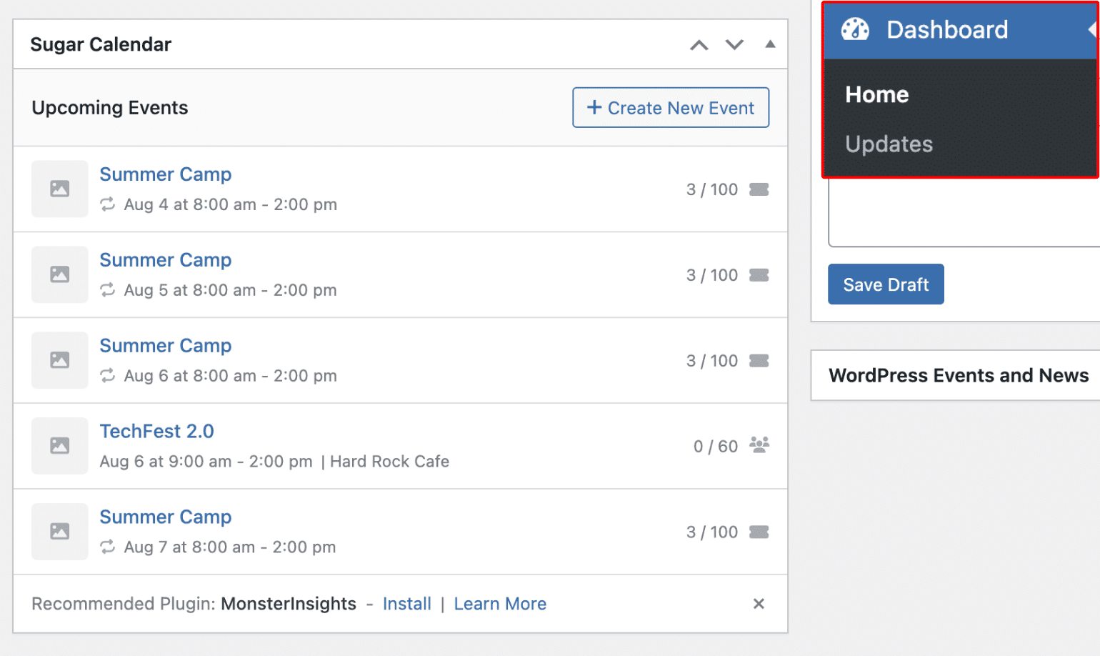 Sugar Calendar dashboard widget