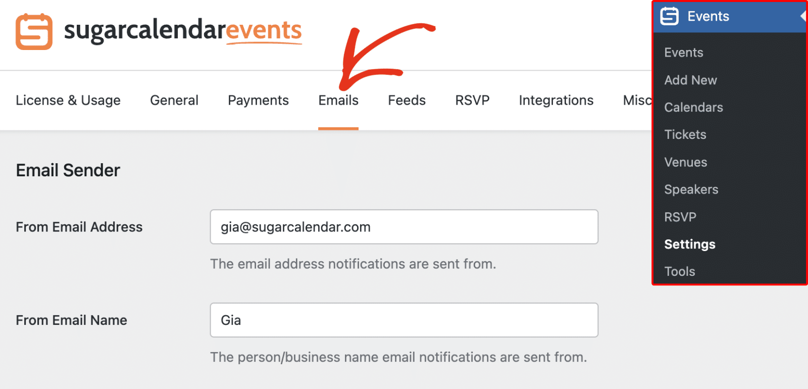 Sugar Calendar email settings screen
