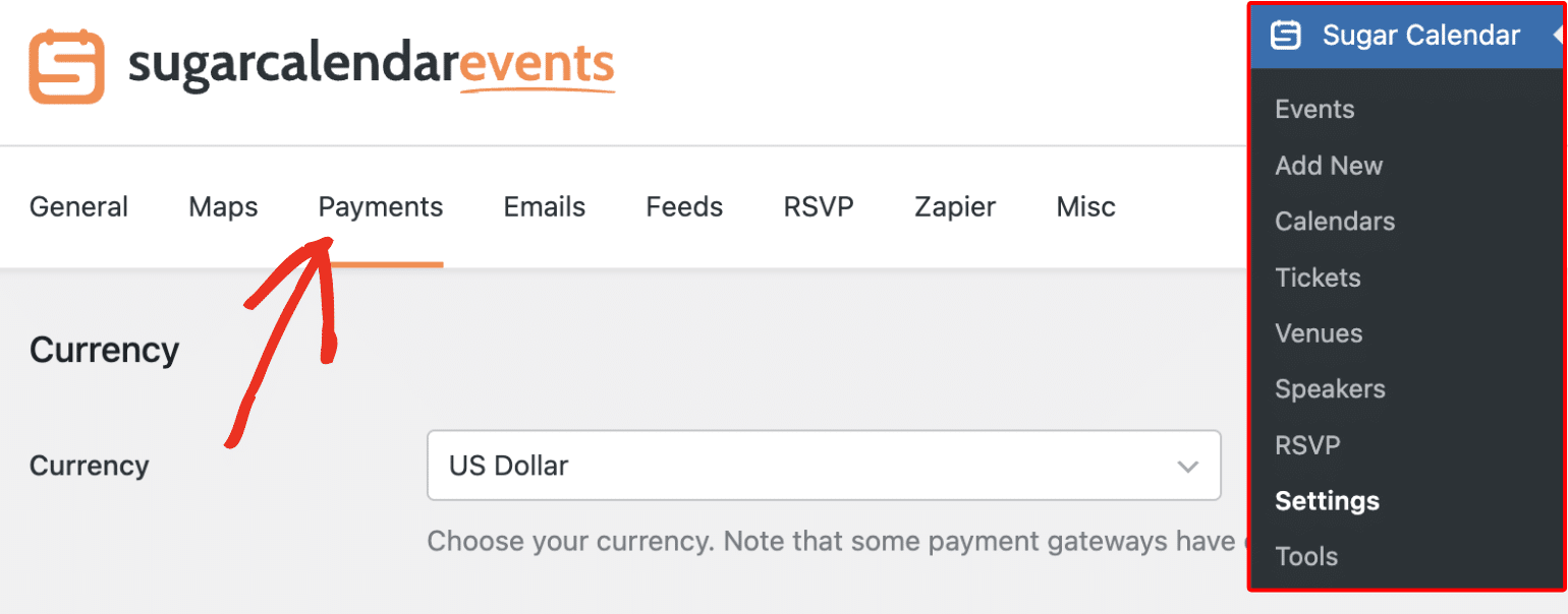 Payments tab in Sugar Calendar