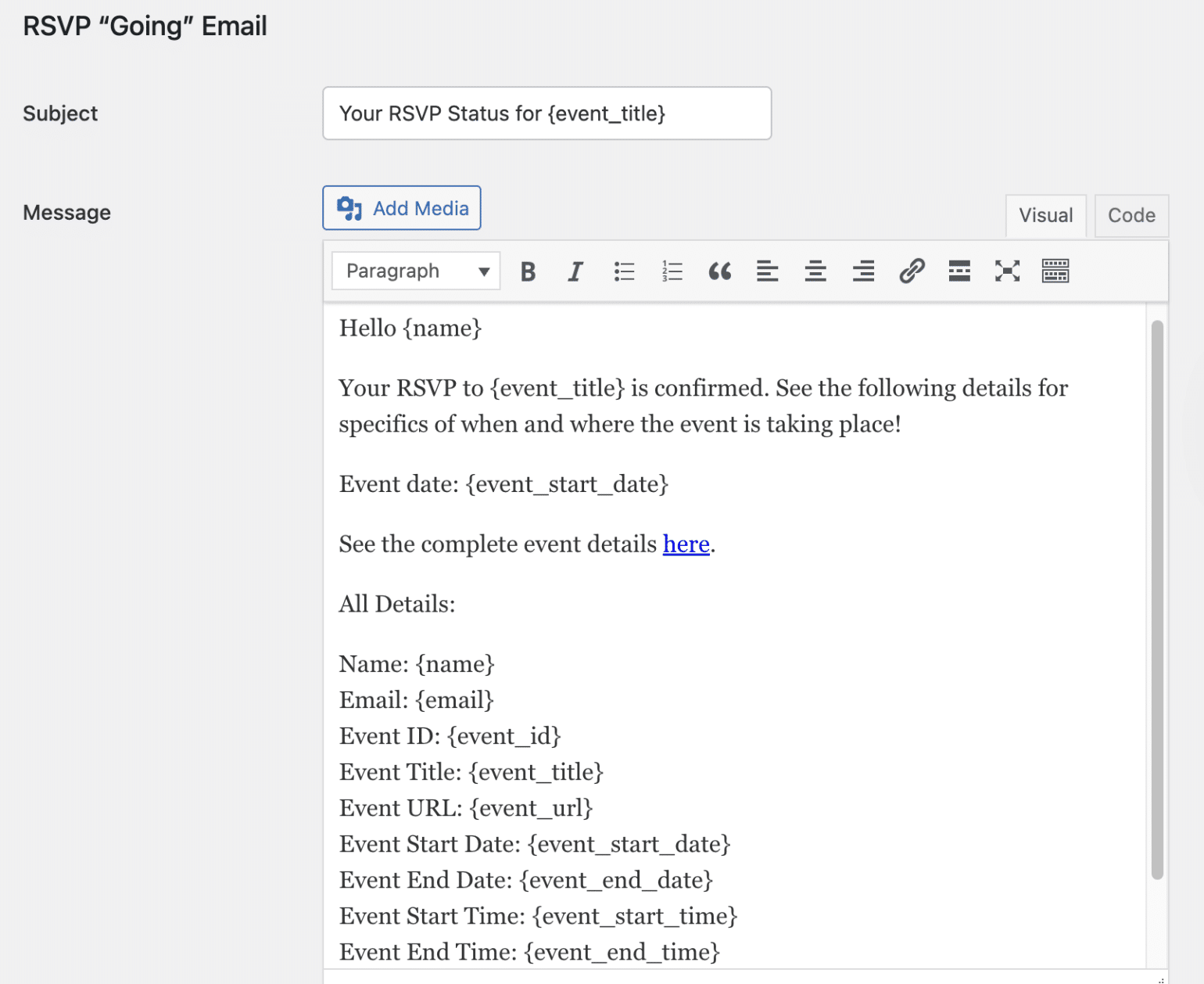 RSVP Going email editor