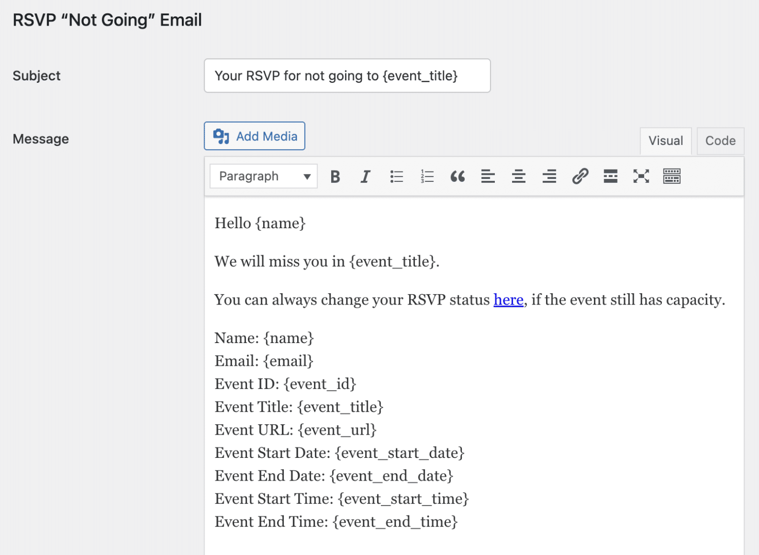 RSVP Not Going email editor