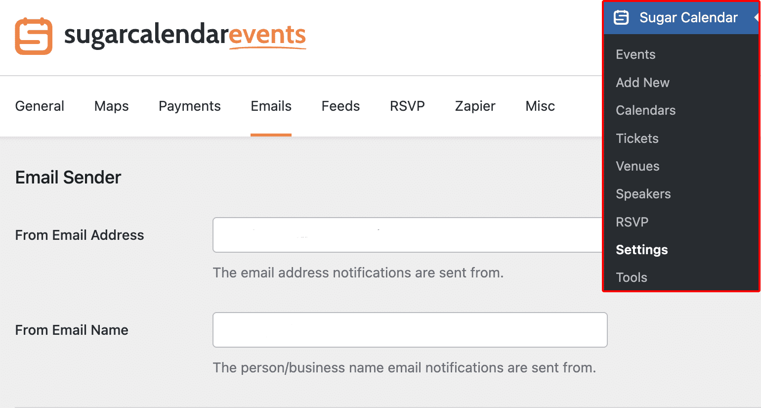 Sugar Calendar email settings screen