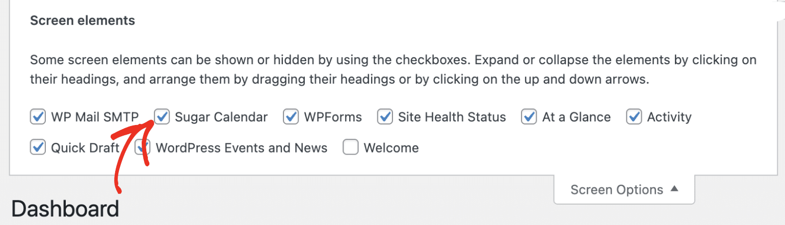WordPress screen options for dashboard widgets
