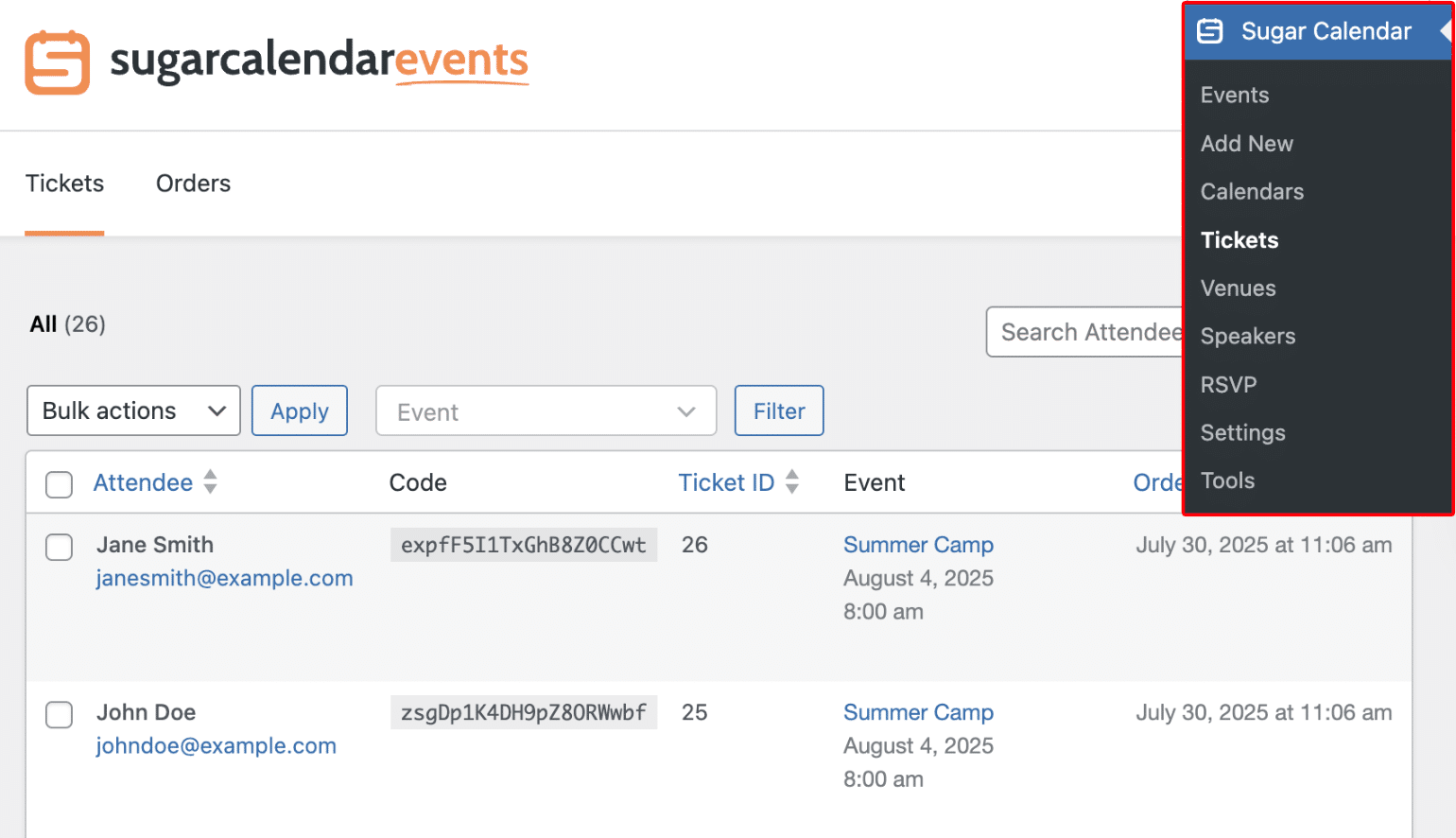 Sugar Calendar Tickets settings