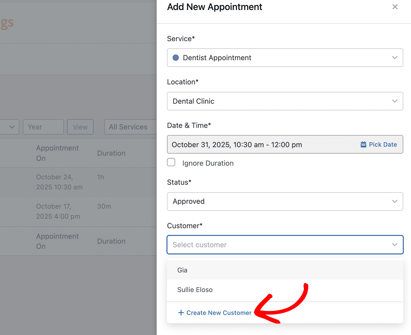 Create a new customer from the appointment form