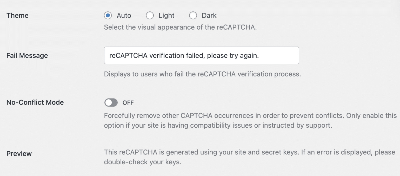 reCAPTCHA additional settings