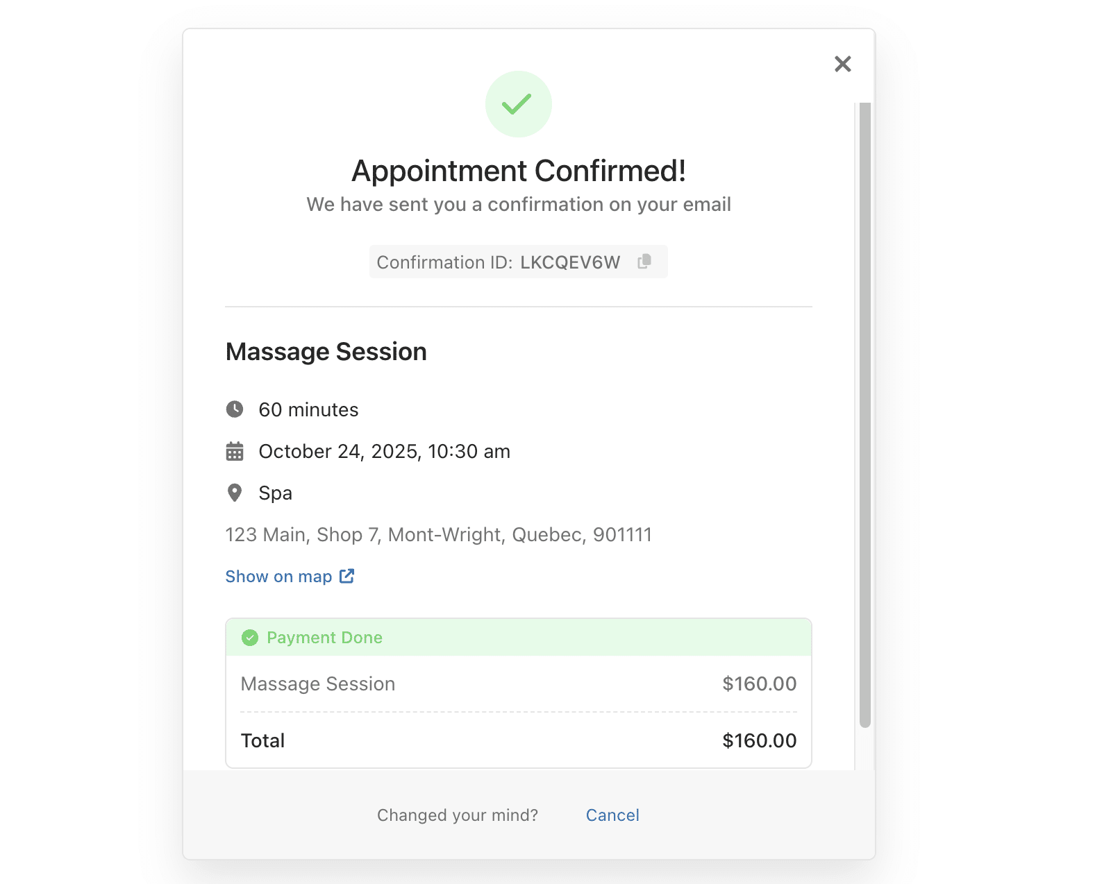 Appointment confirmation screen