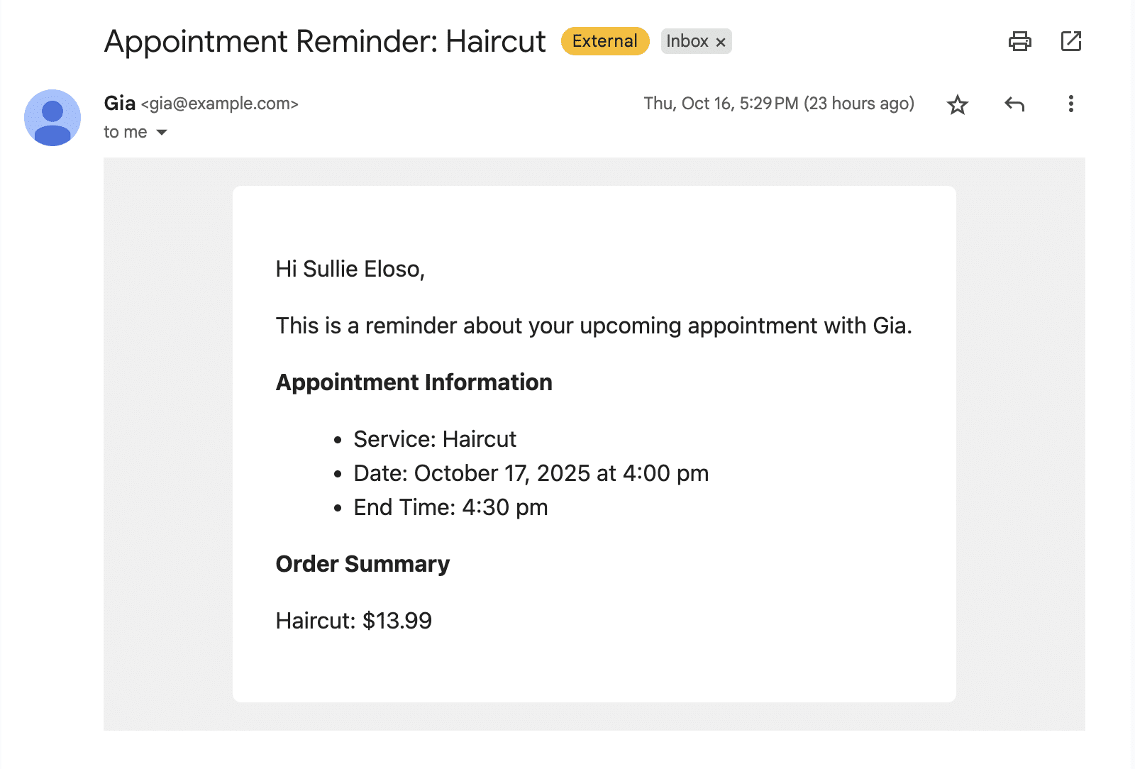 Example of a customized appointment reminder email