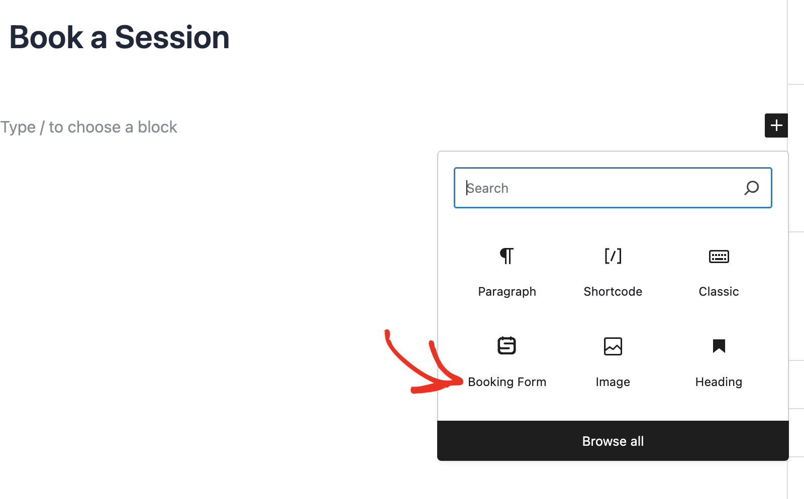 Adding the Booking Form block in the Block Editor