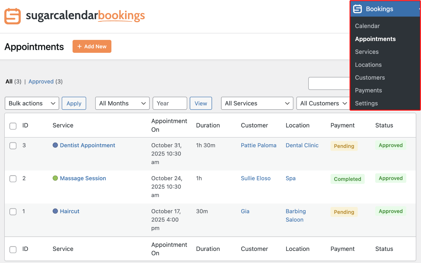 View appointments list in Sugar Calendar Bookings