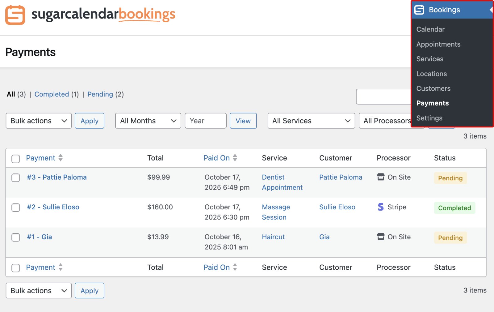 Open the Payments screen in Sugar Calendar Bookings