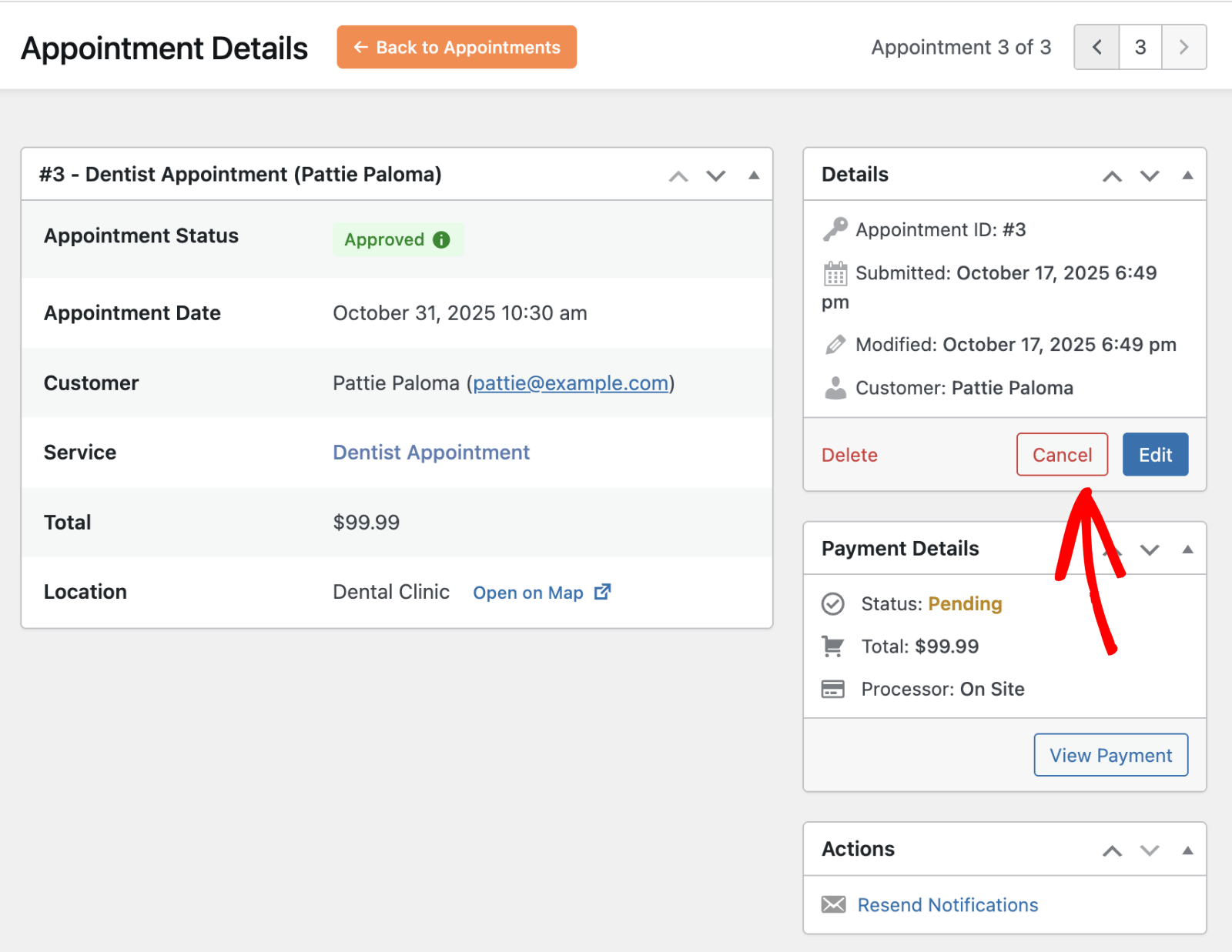 Cancel button in appointment details