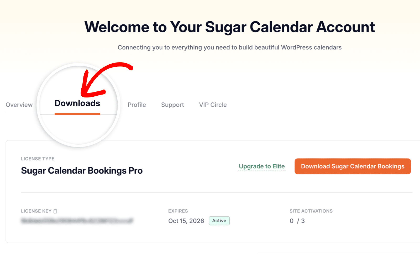 Sugar Calendar account downloads page
