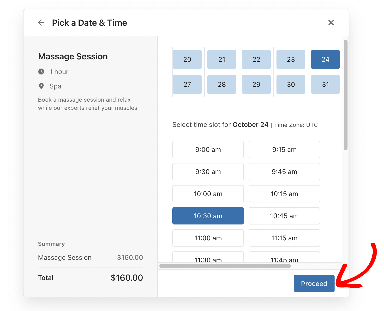 Select available time slot for appointment
