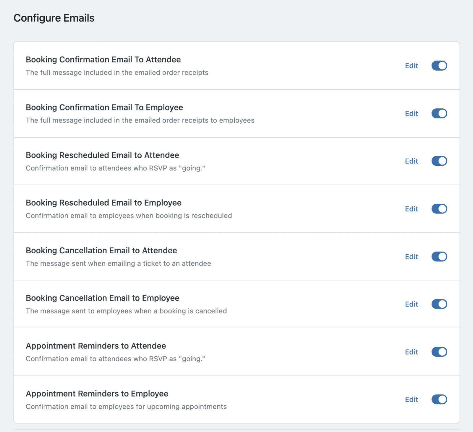 Overview of available email types in Sugar Calendar