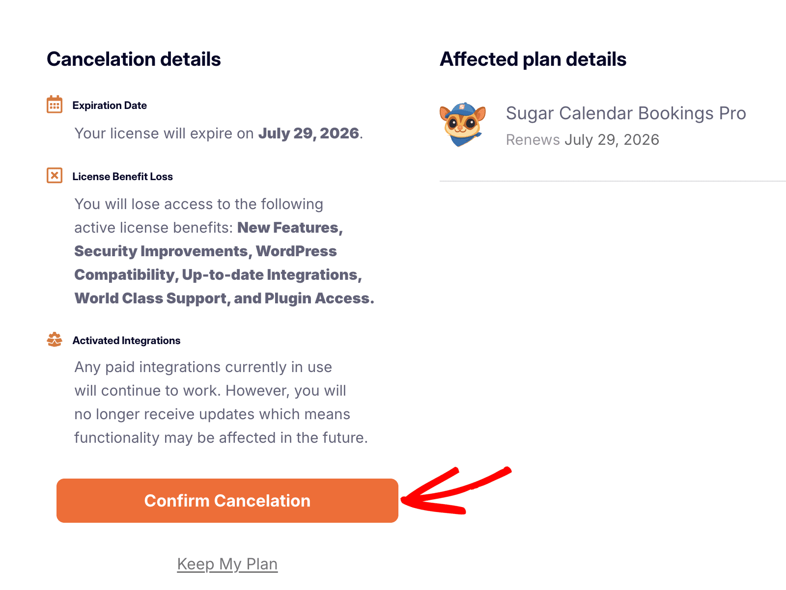 Confirm cancelation for Sugar Calendar Bookings