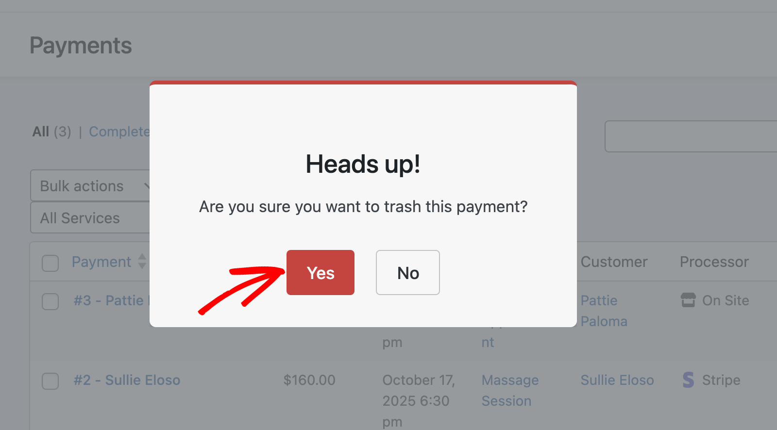 Confirm moving payment to trash