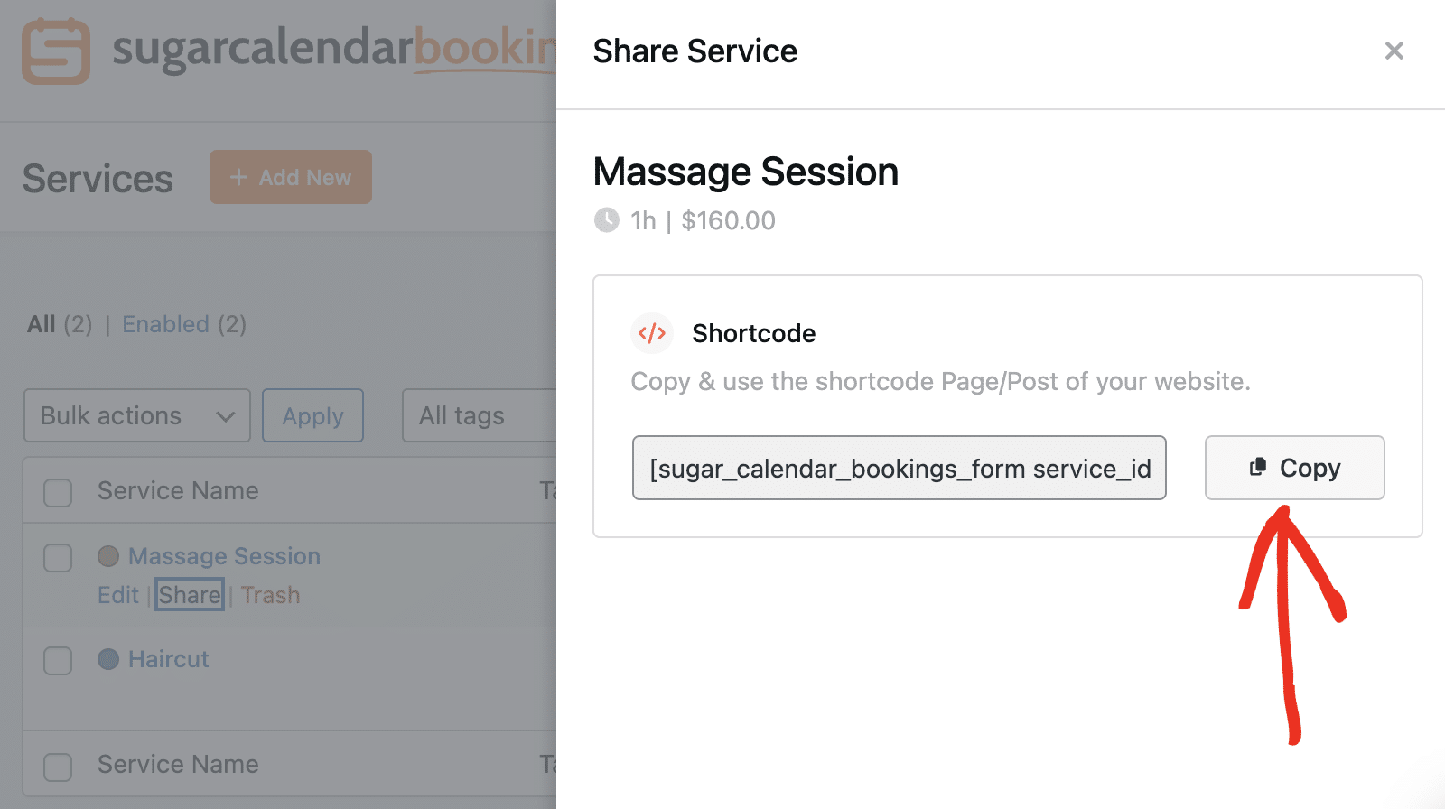 Copy the service shortcode