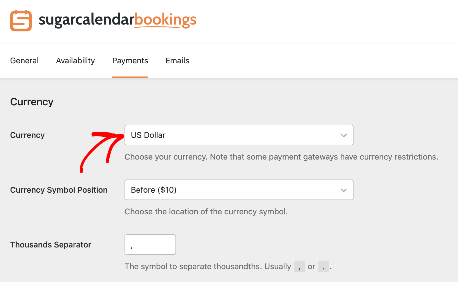 Select your currency from the dropdown