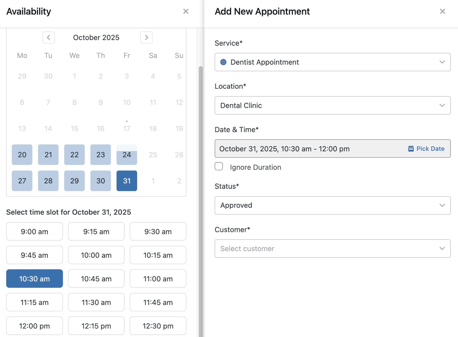 Select date and time slot