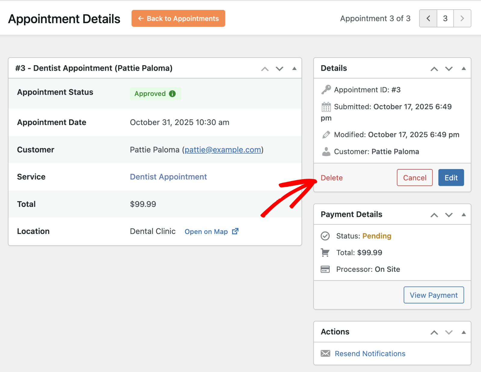 Delete appointment from details page