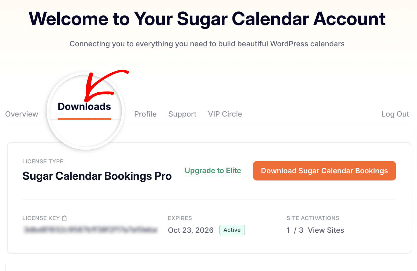 Downloads tab in Sugar Calendar Bookings account