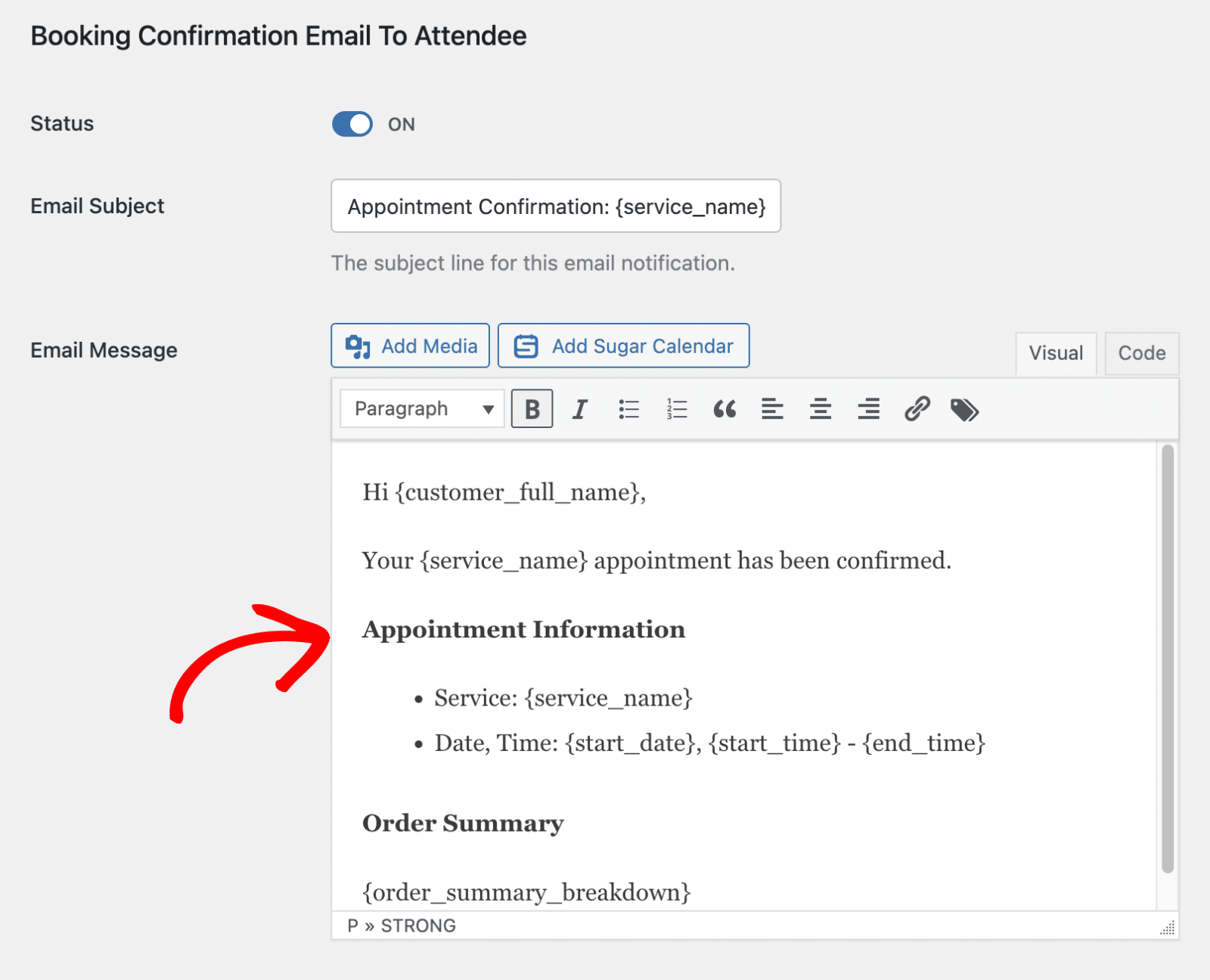 Customize email content using the rich text editor