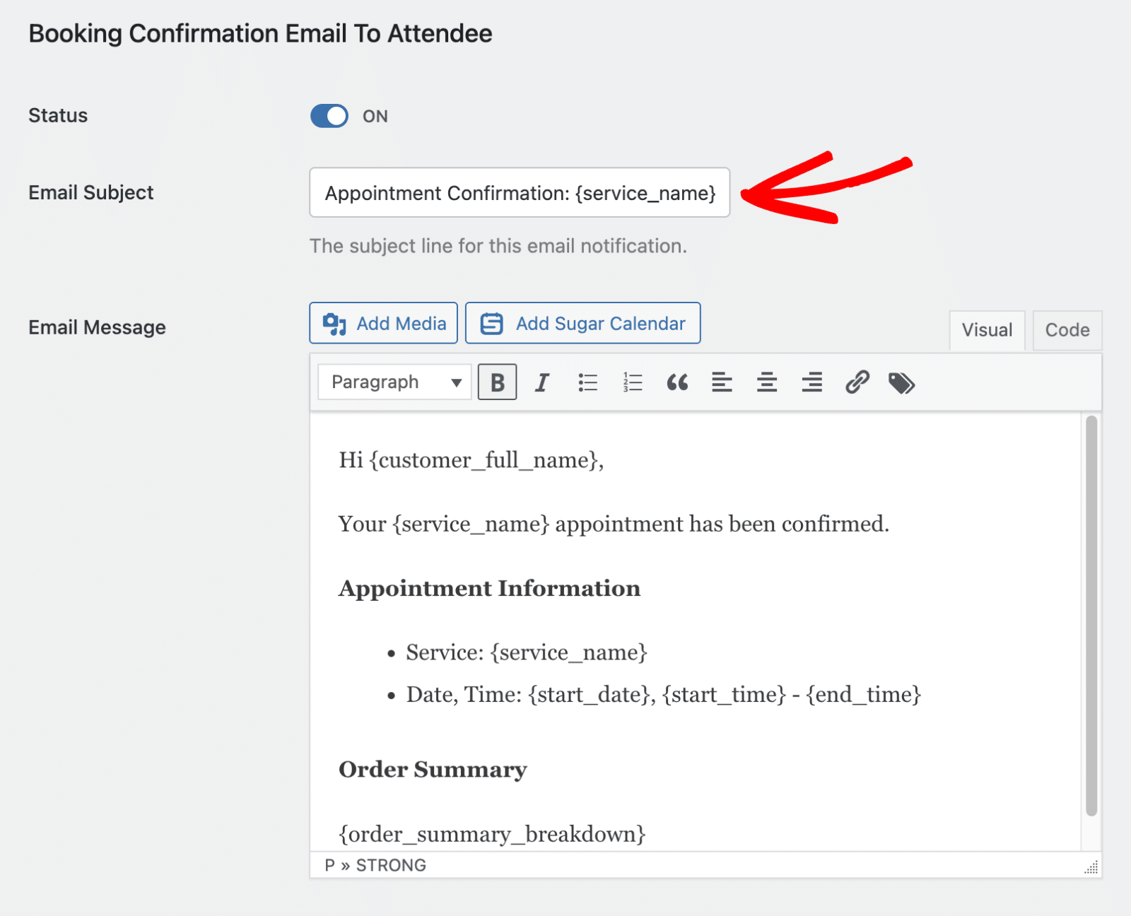 Customize the email subject line