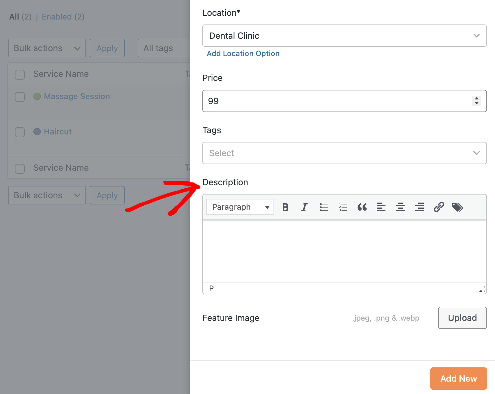 enter-description-1 - Sugar Calendar Add service description and tags
