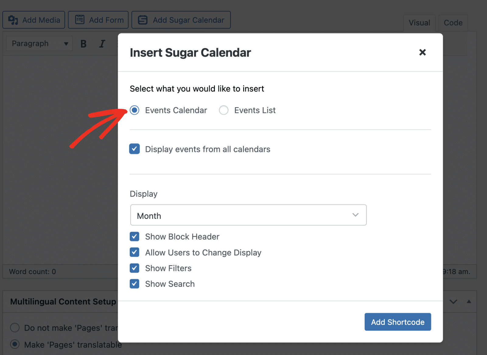 Select Events Calendar Option