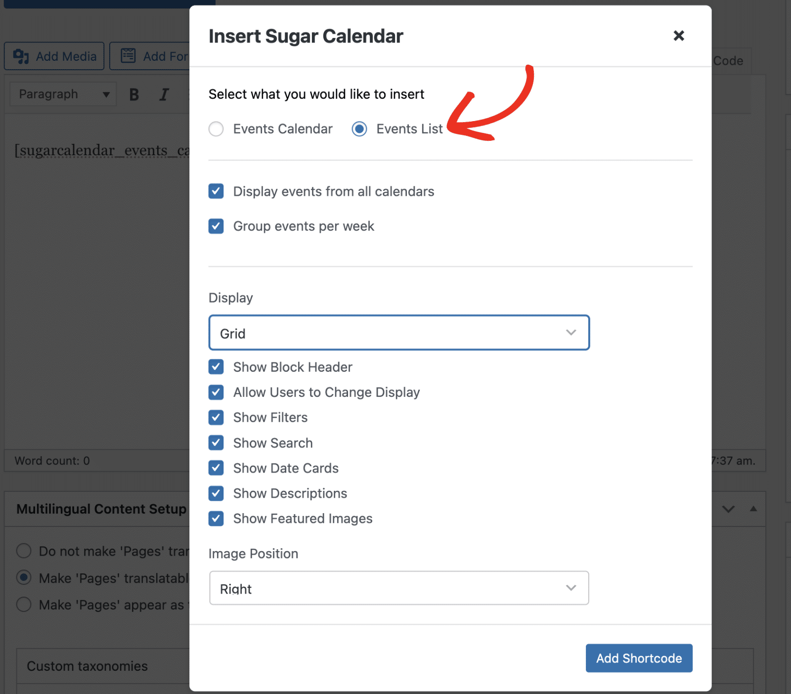 Select Events List Option