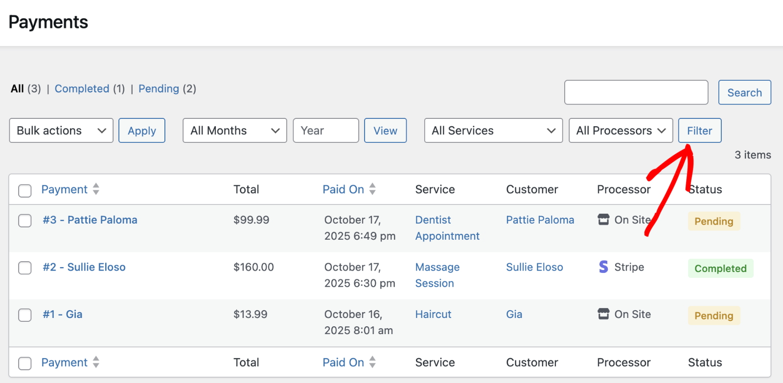 Filter payments by month, service, and processor