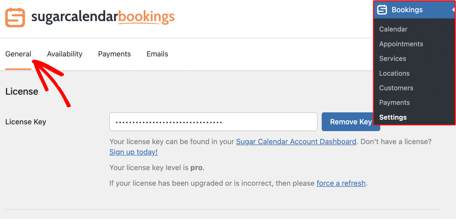 General settings tab in Sugar Calendar Bookings