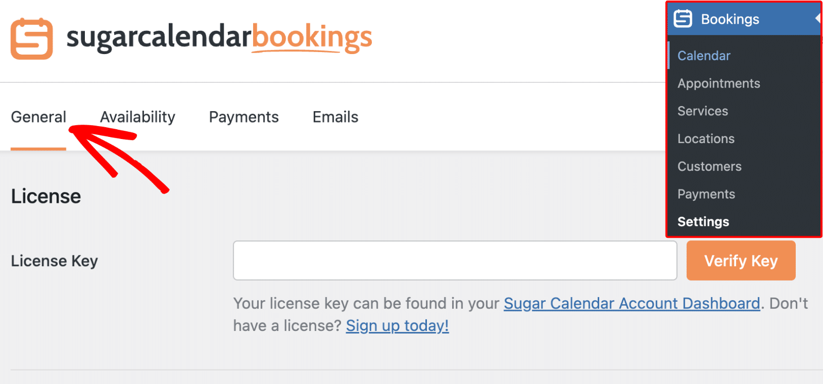 General settings tab for Sugar Calendar Bookings