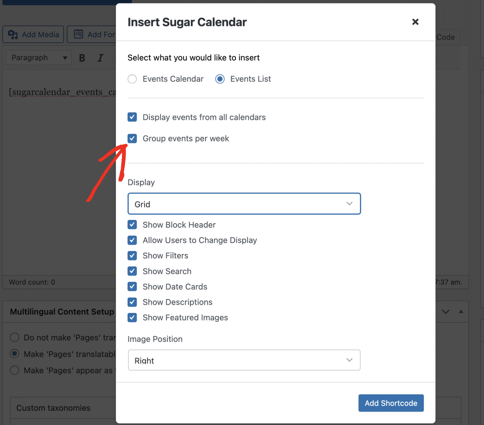 Configure Events List Options