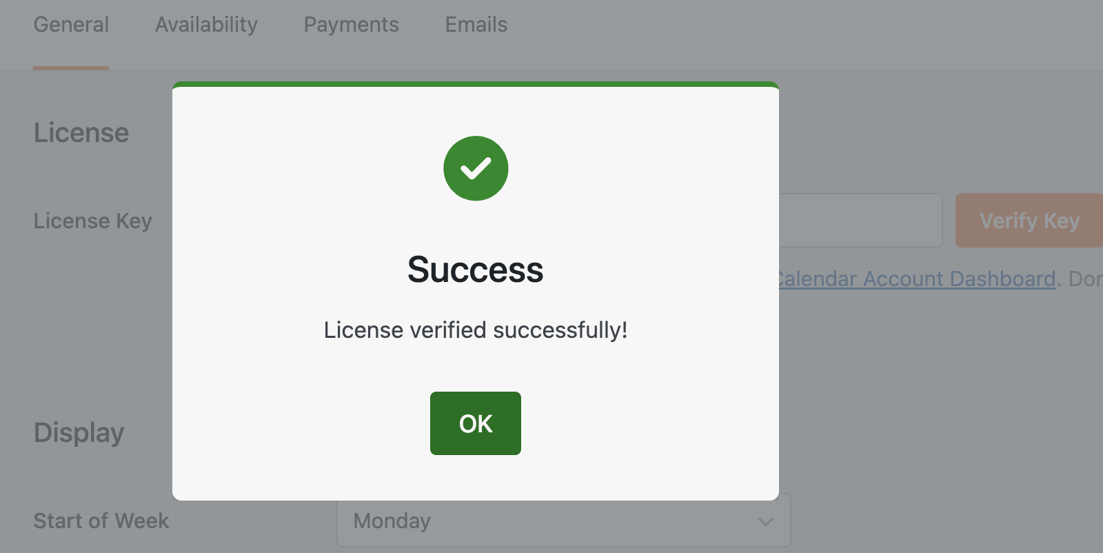 License verification success message