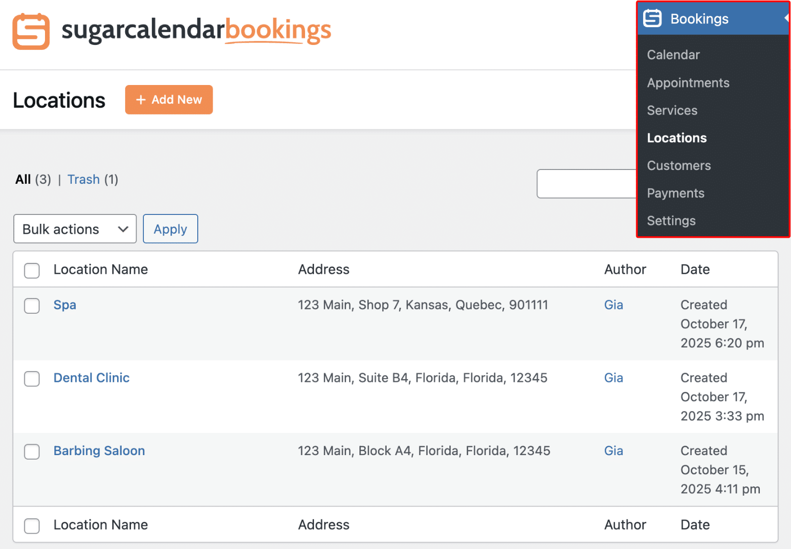 Sugar Calendar Bookings Locations management screen
