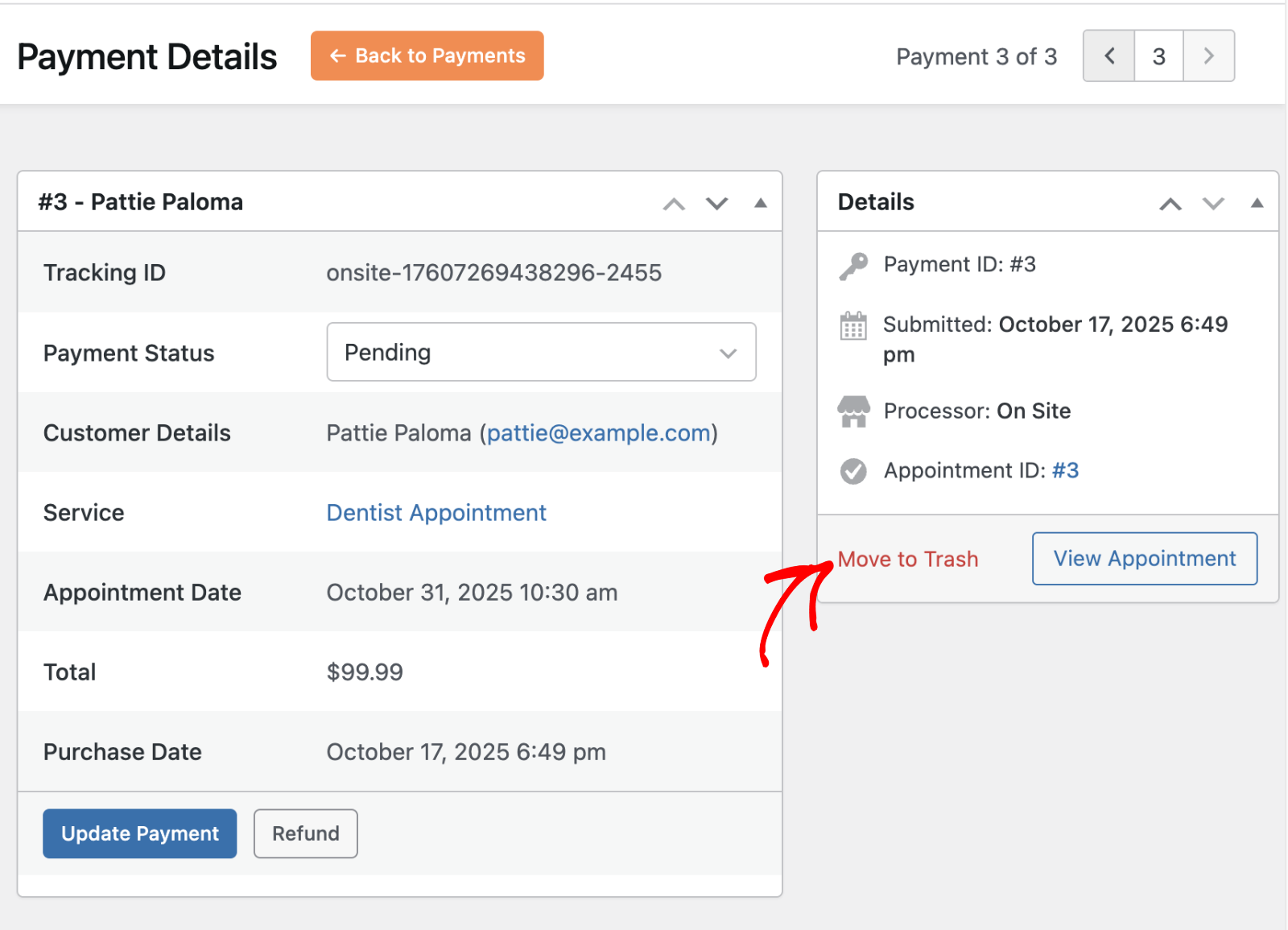 Move to Trash from the payment details screen
