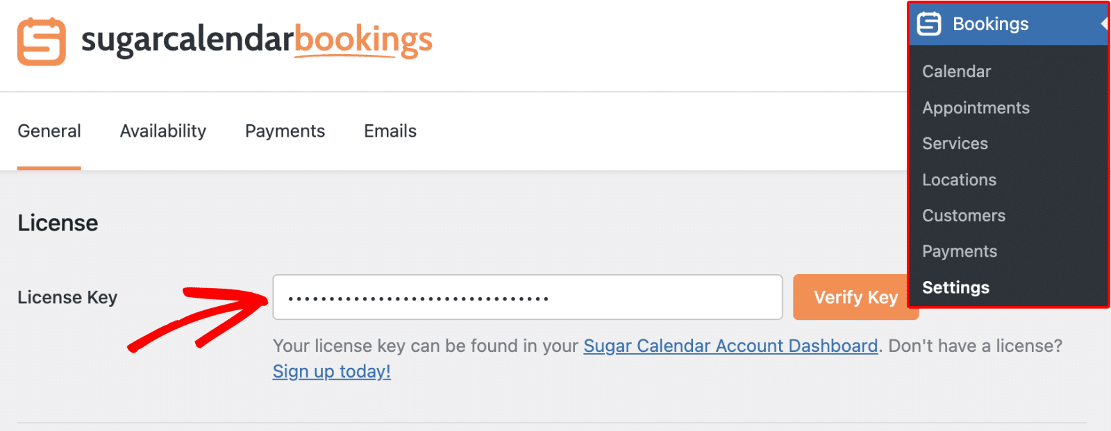 Enter Sugar Calendar Bookings license key