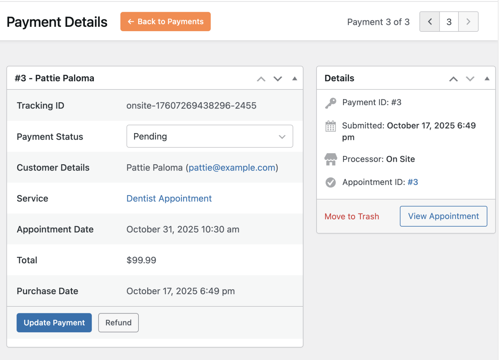 Open a payment record from the Payments list