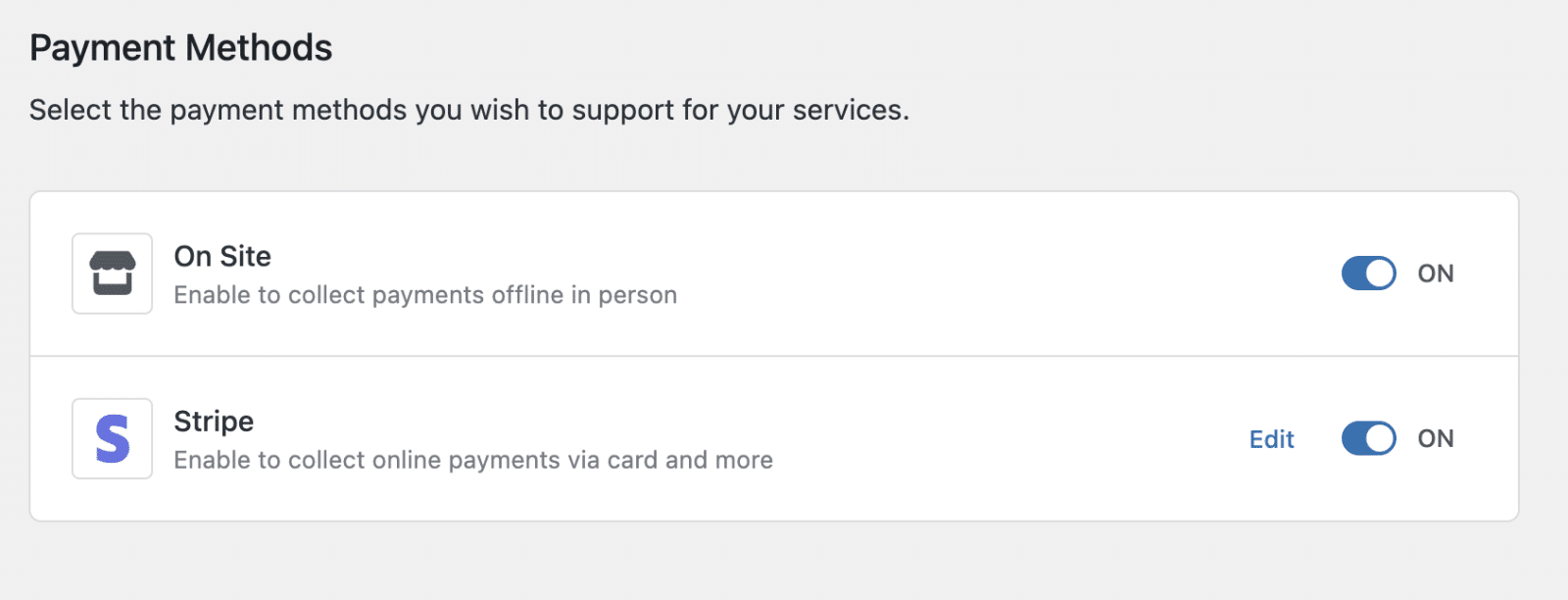 Available payment methods