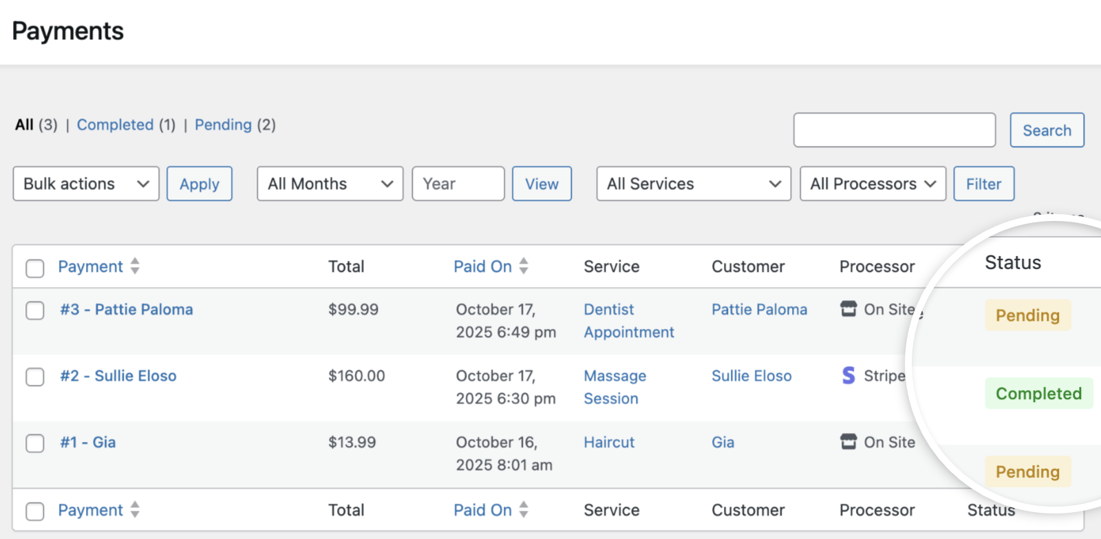 Payment status indicators in the list