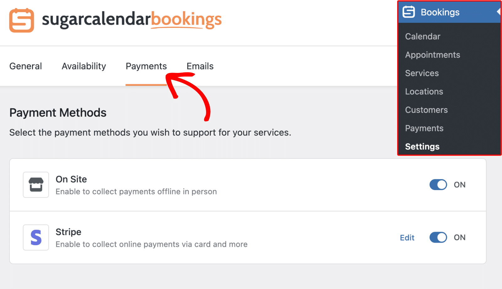 Click the Payments tab in Sugar Calendar settings